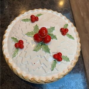 Vintage Festive Ceramic Pie Dish with Holly and Berries